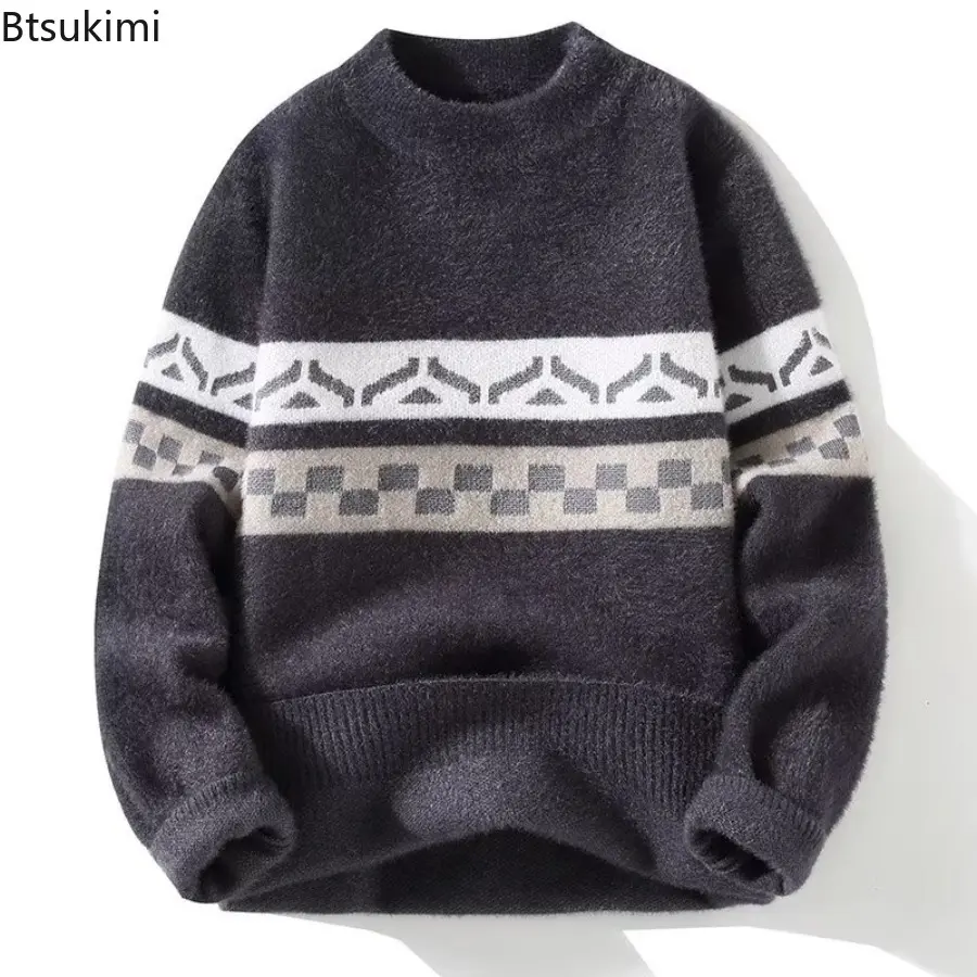2025 Winter Men's Sweater Youth Round Neck Knitted Pullover Sweater Long Sleeve Color Blocked Sweaters Male Fashion Warm Tops