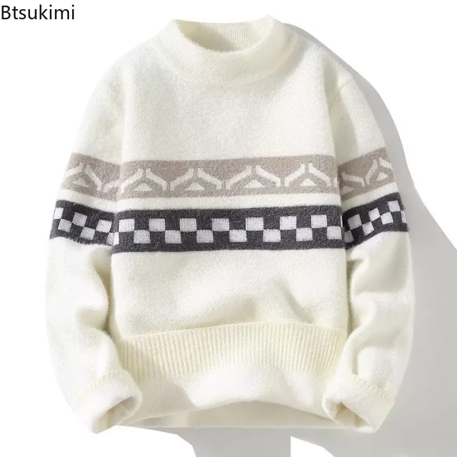 2025 Winter Men's Sweater Youth Round Neck Knitted Pullover Sweater Long Sleeve Color Blocked Sweaters Male Fashion Warm Tops
