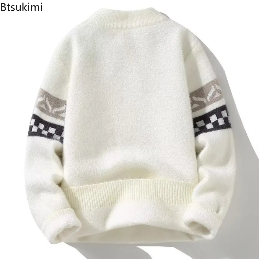 2025 Winter Men's Sweater Youth Round Neck Knitted Pullover Sweater Long Sleeve Color Blocked Sweaters Male Fashion Warm Tops