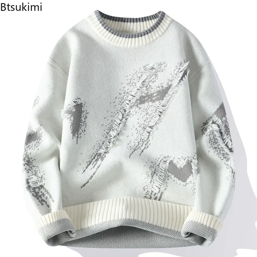 2025 Autumn and Winter Men's Contrast Color Sweater Tassel Hole Round Neck Knitted Warm Sweaters Casual Fashion Pullover Tops