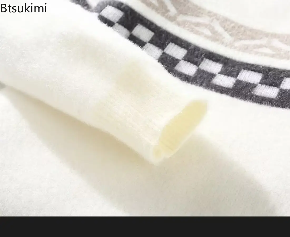 2025 Winter Men's Sweater Youth Round Neck Knitted Pullover Sweater Long Sleeve Color Blocked Sweaters Male Fashion Warm Tops