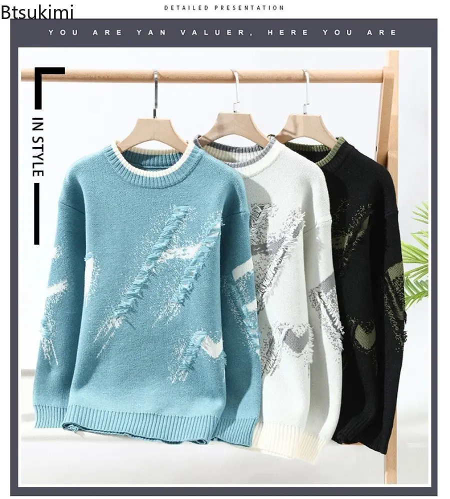 2025 Autumn and Winter Men's Contrast Color Sweater Tassel Hole Round Neck Knitted Warm Sweaters Casual Fashion Pullover Tops