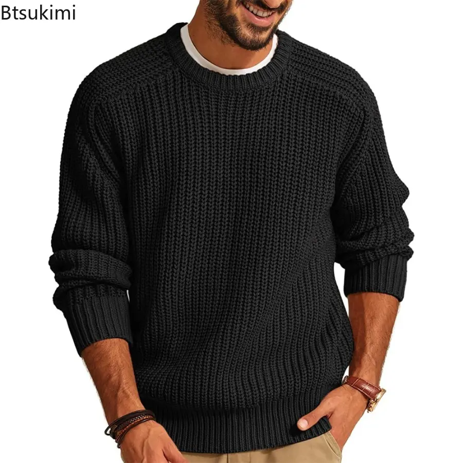 2025 Autumn Winter Men's New Solid Color Long-sleeved Crew-neck Knitted Sweater Male Fashion Casual Loose Vintage Knit Pullover