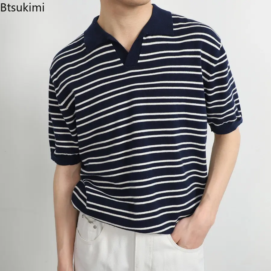2025 Summer Men Clothing Fashion New Ice Silk Striped Knitted Short Sleeve Polo Shirt Men Simple Versatile Knit V-neck Pullovers