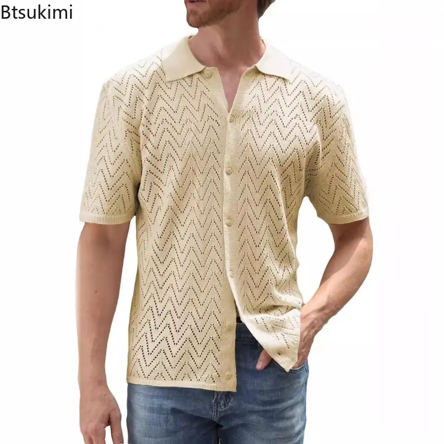 New Men's Summer Casual Knitted Cardigan Solid Color Short Sleeve Lapel Shirt Trend Streetwear Hollow Out Versatile Tops for Men