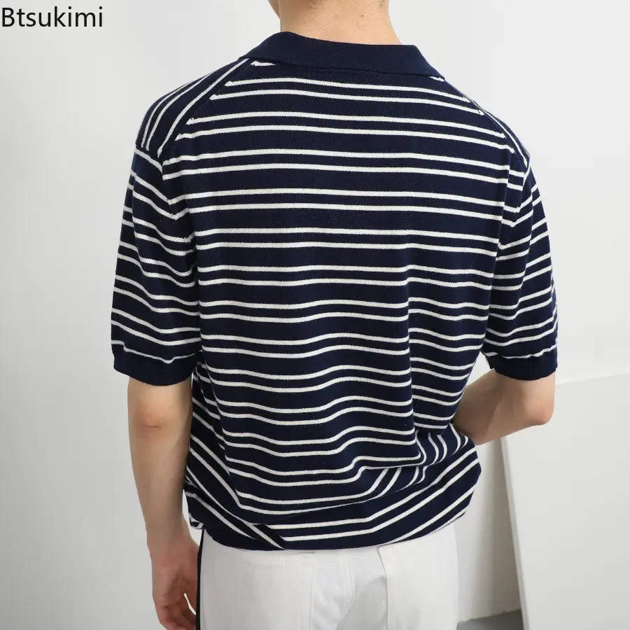 2025 Summer Men Clothing Fashion New Ice Silk Striped Knitted Short Sleeve Polo Shirt Men Simple Versatile Knit V-neck Pullovers