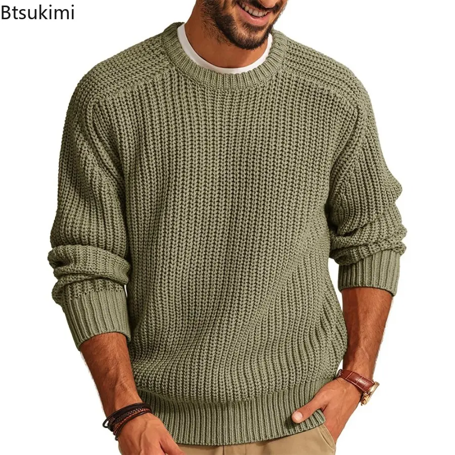 2025 Autumn Winter Men's New Solid Color Long-sleeved Crew-neck Knitted Sweater Male Fashion Casual Loose Vintage Knit Pullover