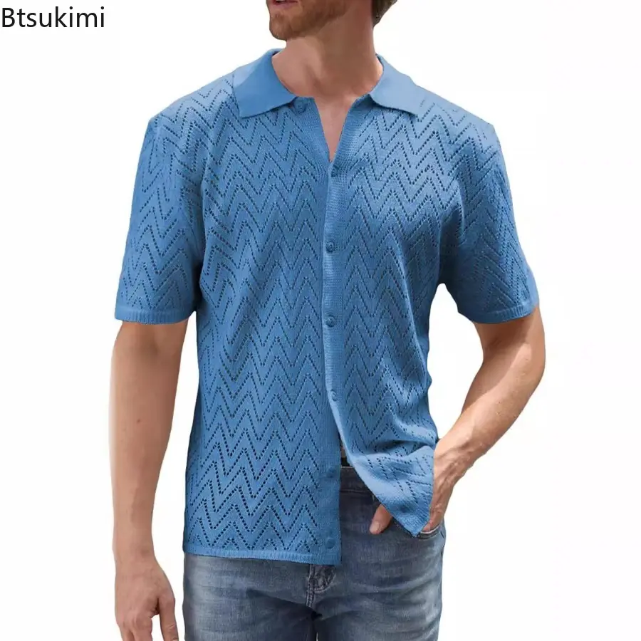 New Men's Summer Casual Knitted Cardigan Solid Color Short Sleeve Lapel Shirt Trend Streetwear Hollow Out Versatile Tops for Men