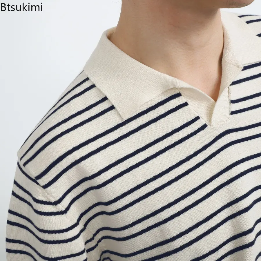 2025 Summer Men Clothing Fashion New Ice Silk Striped Knitted Short Sleeve Polo Shirt Men Simple Versatile Knit V-neck Pullovers