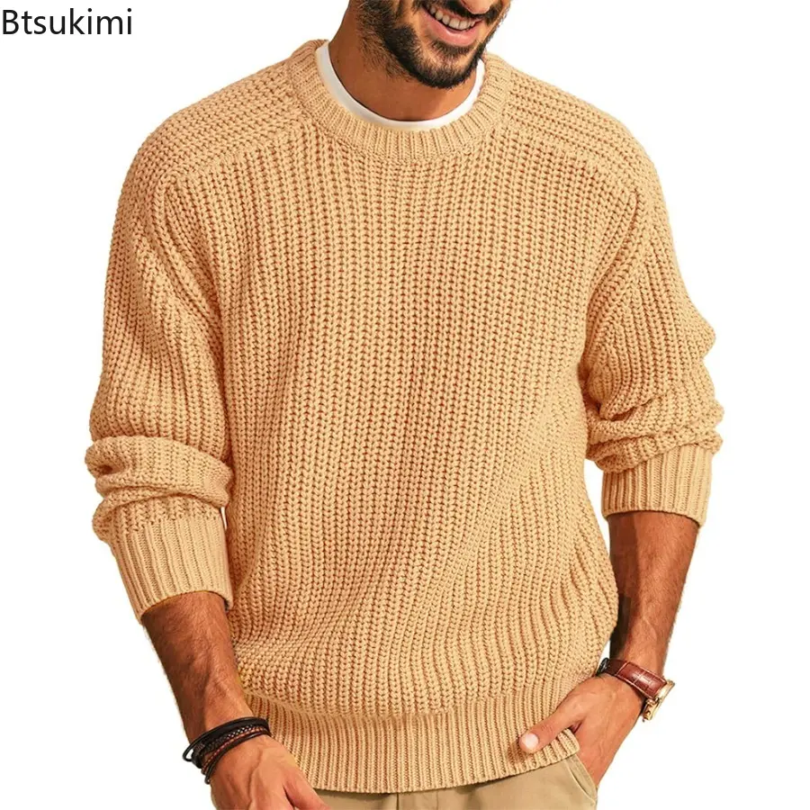 2025 Autumn Winter Men's New Solid Color Long-sleeved Crew-neck Knitted Sweater Male Fashion Casual Loose Vintage Knit Pullover