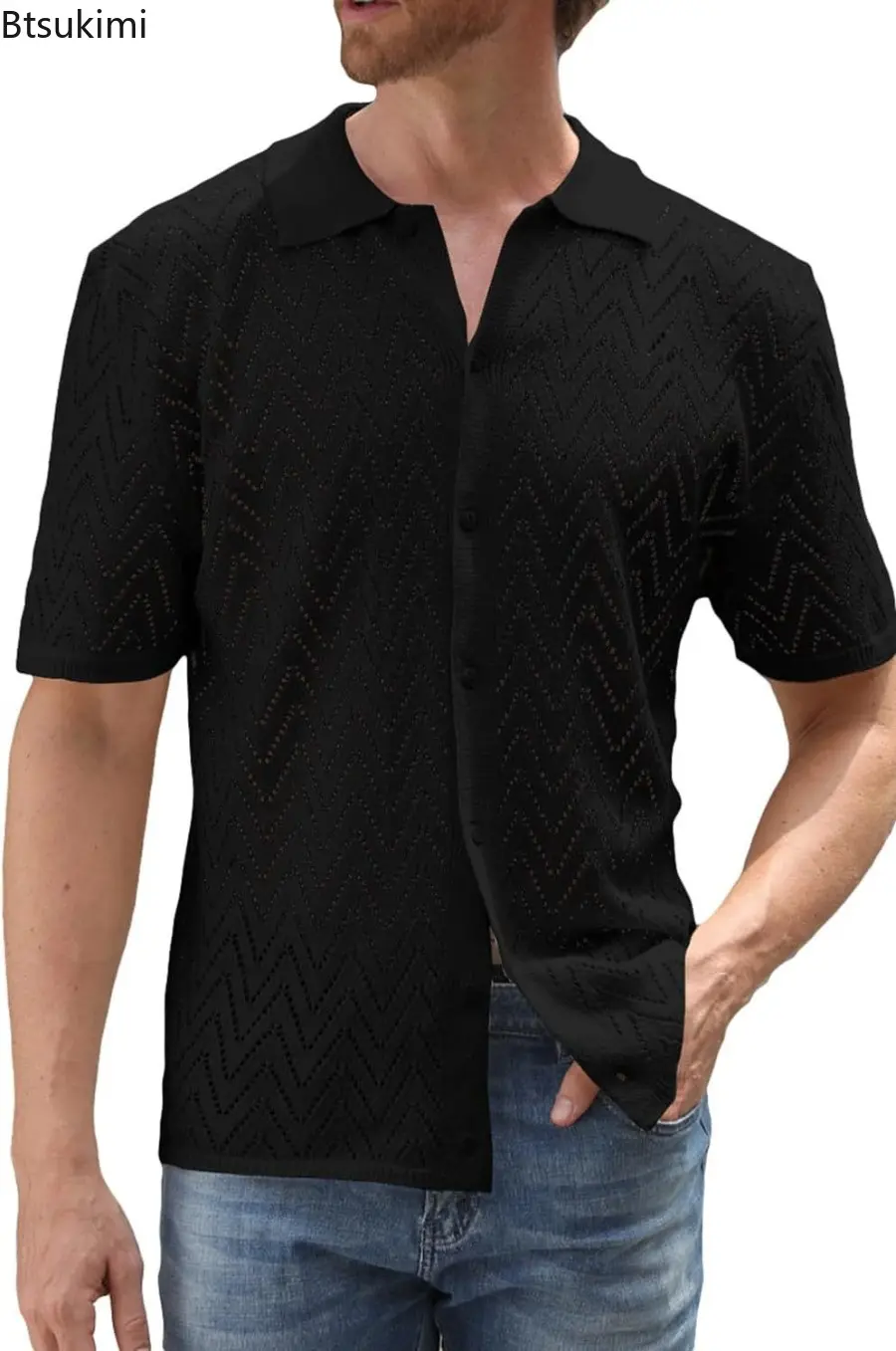 New Men's Summer Casual Knitted Cardigan Solid Color Short Sleeve Lapel Shirt Trend Streetwear Hollow Out Versatile Tops for Men