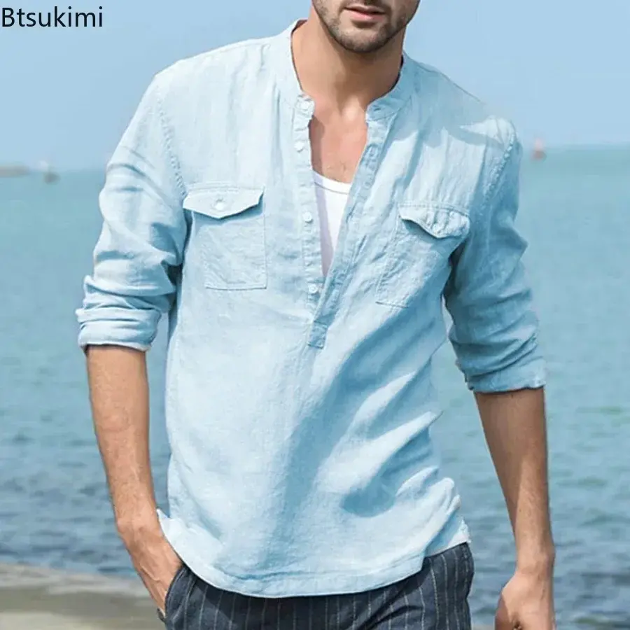 2025 Men's Long-sleeved Cotton Linen Loose Casual Shirt New Solid Breathable V-neck Button Pullover Tops Men Vacation Shirt Tees