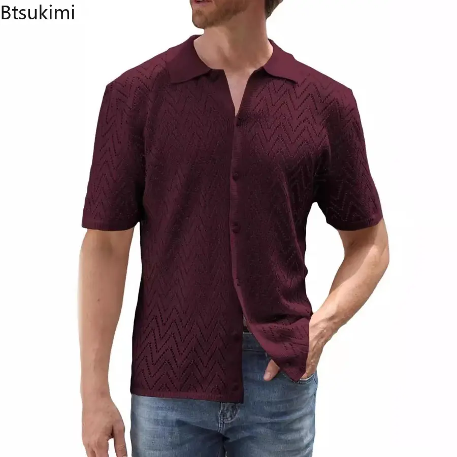 New Men's Summer Casual Knitted Cardigan Solid Color Short Sleeve Lapel Shirt Trend Streetwear Hollow Out Versatile Tops for Men