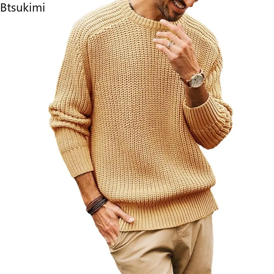 2025 Autumn Winter Men's New Solid Color Long-sleeved Crew-neck Knitted Sweater Male Fashion Casual Loose Vintage Knit Pullover