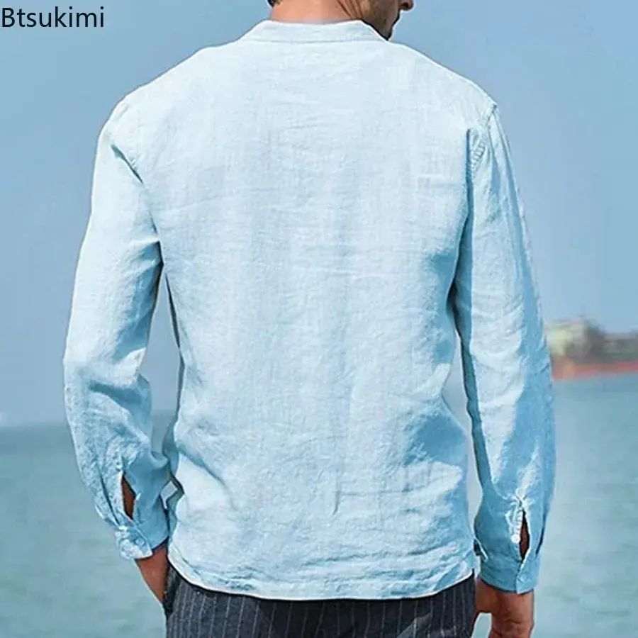 2025 Men's Long-sleeved Cotton Linen Loose Casual Shirt New Solid Breathable V-neck Button Pullover Tops Men Vacation Shirt Tees