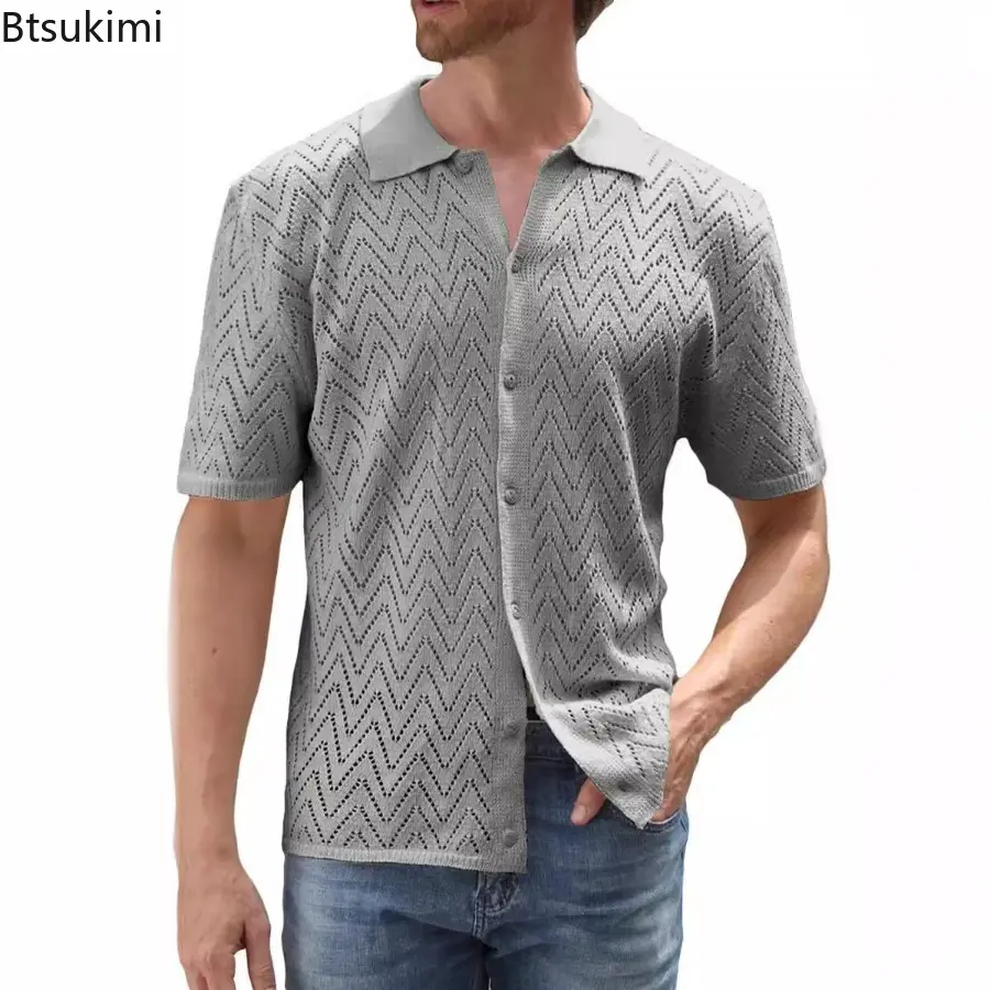 New Men's Summer Casual Knitted Cardigan Solid Color Short Sleeve Lapel Shirt Trend Streetwear Hollow Out Versatile Tops for Men