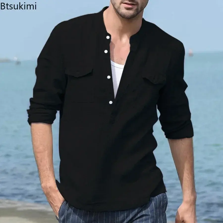 2025 Men's Long-sleeved Cotton Linen Loose Casual Shirt New Solid Breathable V-neck Button Pullover Tops Men Vacation Shirt Tees