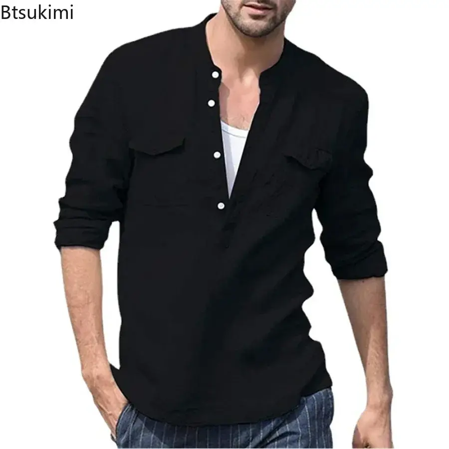 2025 Men's Long-sleeved Cotton Linen Loose Casual Shirt New Solid Breathable V-neck Button Pullover Tops Men Vacation Shirt Tees