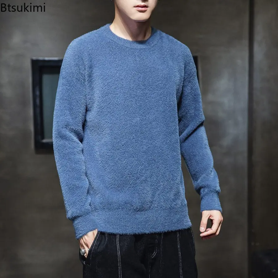 2025 New Men's Imitation Mink Fur Sweater Knitted Sweaters Men Solid Crew Neck Long Sleeve Versatile Warm Casual Top Pullover