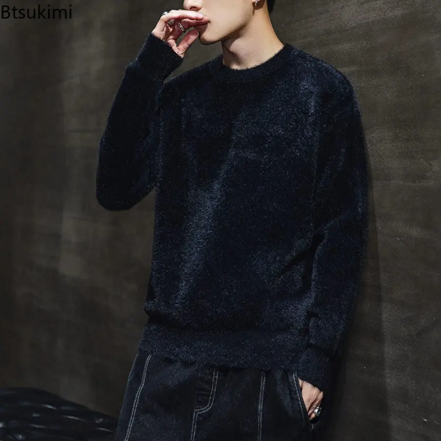 2025 New Men's Imitation Mink Fur Sweater Knitted Sweaters Men Solid Crew Neck Long Sleeve Versatile Warm Casual Top Pullover