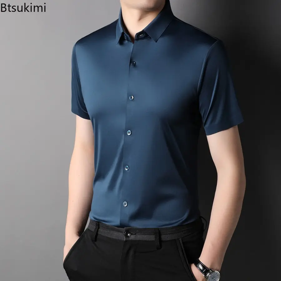 Fashion Men's Summer Short Sleeve Dress Shirts Business Casual Non-ironing Anti Wrinkle Solid Slim High Quality Blouse Man Shirt