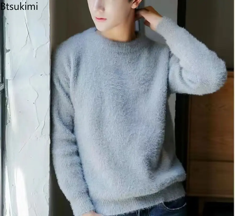 2025 New Men's Imitation Mink Fur Sweater Knitted Sweaters Men Solid Crew Neck Long Sleeve Versatile Warm Casual Top Pullover