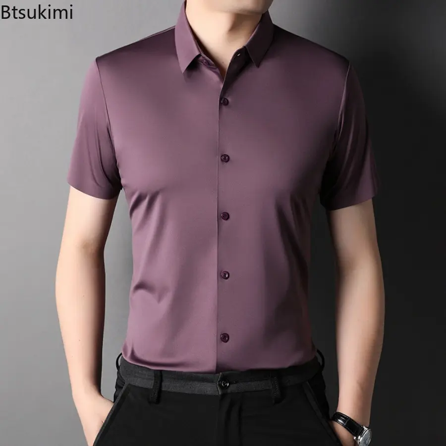 Fashion Men's Summer Short Sleeve Dress Shirts Business Casual Non-ironing Anti Wrinkle Solid Slim High Quality Blouse Man Shirt