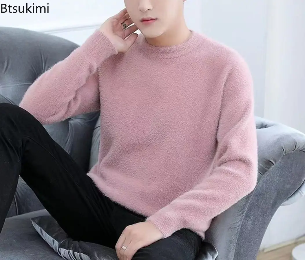 2025 New Men's Imitation Mink Fur Sweater Knitted Sweaters Men Solid Crew Neck Long Sleeve Versatile Warm Casual Top Pullover