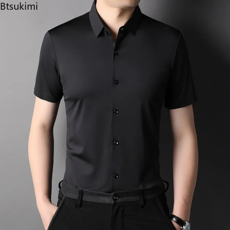 Fashion Men's Summer Short Sleeve Dress Shirts Business Casual Non-ironing Anti Wrinkle Solid Slim High Quality Blouse Man Shirt