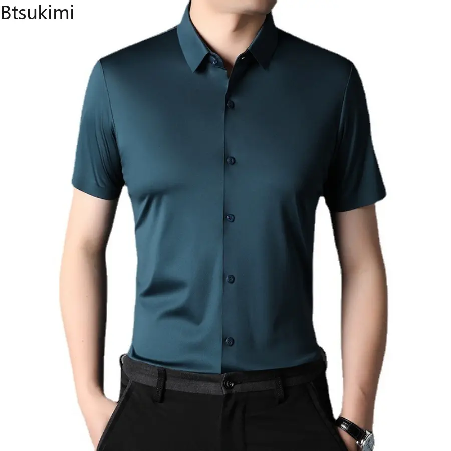 Fashion Men's Summer Short Sleeve Dress Shirts Business Casual Non-ironing Anti Wrinkle Solid Slim High Quality Blouse Man Shirt