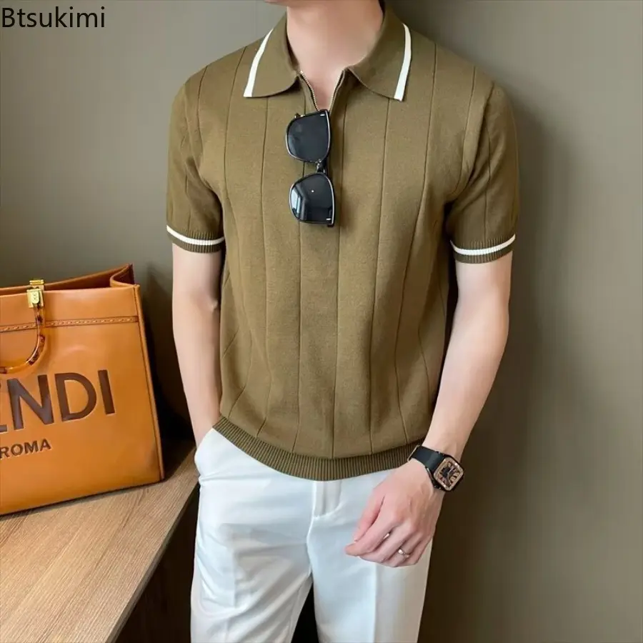 New 2025 Summer Men's Half Zip-up Casual Knitted T-shirt Short Sleeves Lapel Slim Trendy Fashionable Knitted Polo Shirt for Men