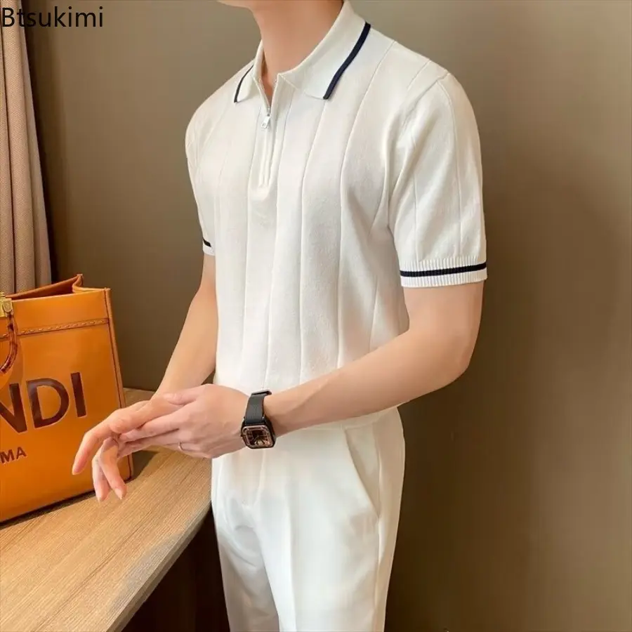 New 2025 Summer Men's Half Zip-up Casual Knitted T-shirt Short Sleeves Lapel Slim Trendy Fashionable Knitted Polo Shirt for Men