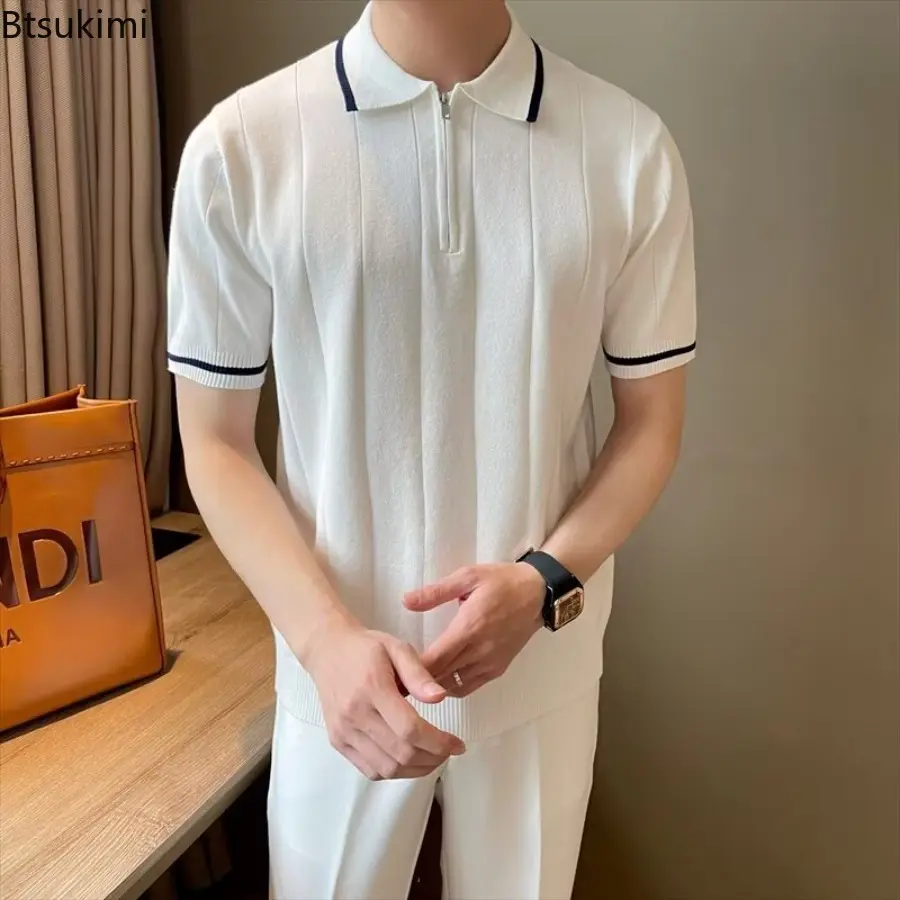 New 2025 Summer Men's Half Zip-up Casual Knitted T-shirt Short Sleeves Lapel Slim Trendy Fashionable Knitted Polo Shirt for Men