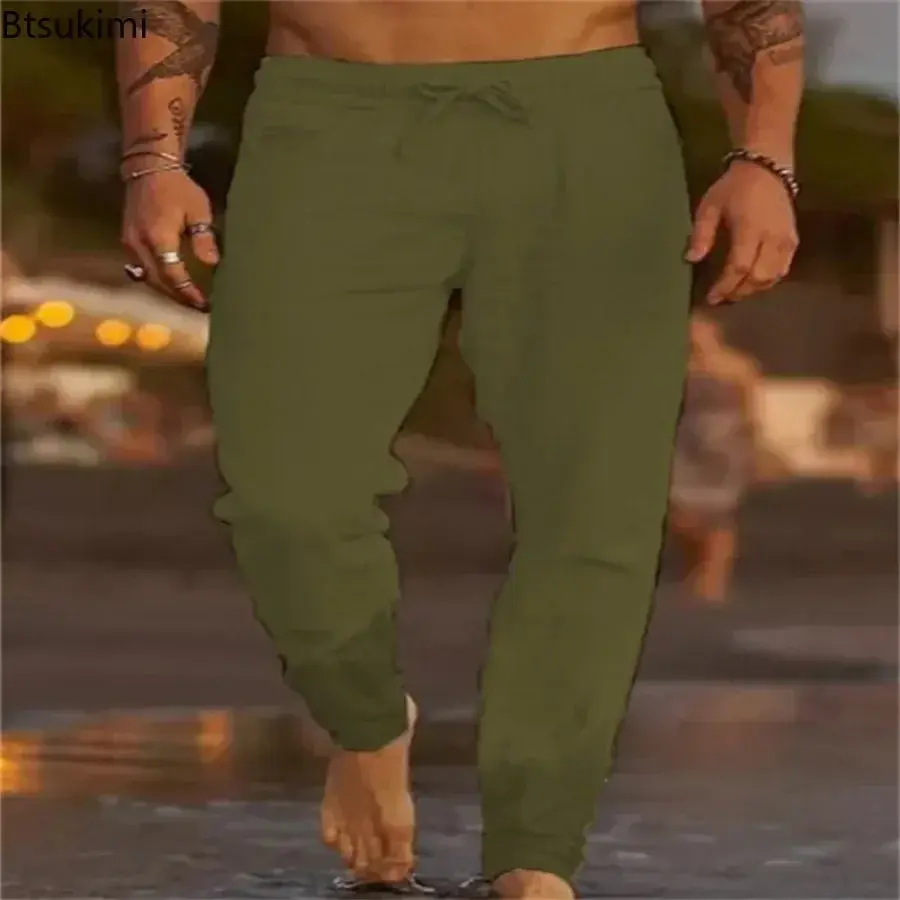 2025 Men's Solid Loose Cotton and Linen Pants Breathable Casual Trousers Man Fashion Simple Drawstring Beach Pants Plus Size 5XL