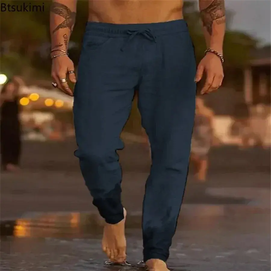 2025 Men's Solid Loose Cotton and Linen Pants Breathable Casual Trousers Man Fashion Simple Drawstring Beach Pants Plus Size 5XL