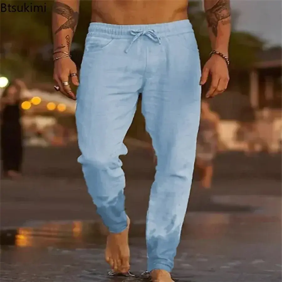 2025 Men's Solid Loose Cotton and Linen Pants Breathable Casual Trousers Man Fashion Simple Drawstring Beach Pants Plus Size 5XL