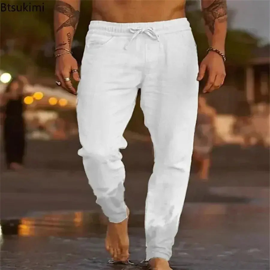 2025 Men's Solid Loose Cotton and Linen Pants Breathable Casual Trousers Man Fashion Simple Drawstring Beach Pants Plus Size 5XL