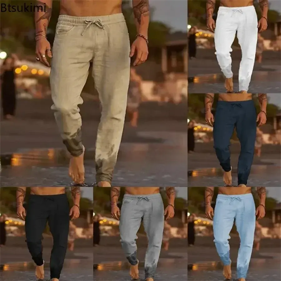 2025 Men's Solid Loose Cotton and Linen Pants Breathable Casual Trousers Man Fashion Simple Drawstring Beach Pants Plus Size 5XL