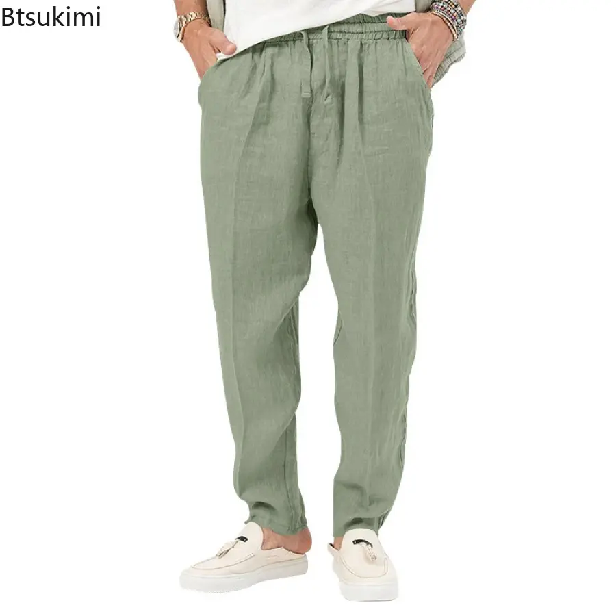 Summer New Cotton Linen Thin Pants Men's Breathable Loose Casual Trouser Fashion Solid Drawstring Simple All-match Pants for Men
