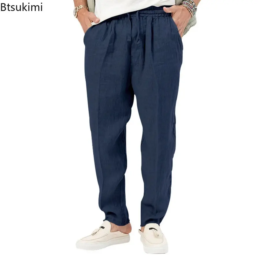 Summer New Cotton Linen Thin Pants Men's Breathable Loose Casual Trouser Fashion Solid Drawstring Simple All-match Pants for Men