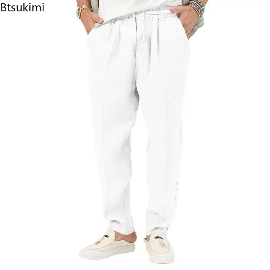 Summer New Cotton Linen Thin Pants Men's Breathable Loose Casual Trouser Fashion Solid Drawstring Simple All-match Pants for Men