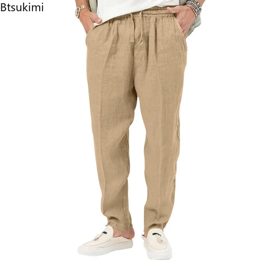 Summer New Cotton Linen Thin Pants Men's Breathable Loose Casual Trouser Fashion Solid Drawstring Simple All-match Pants for Men