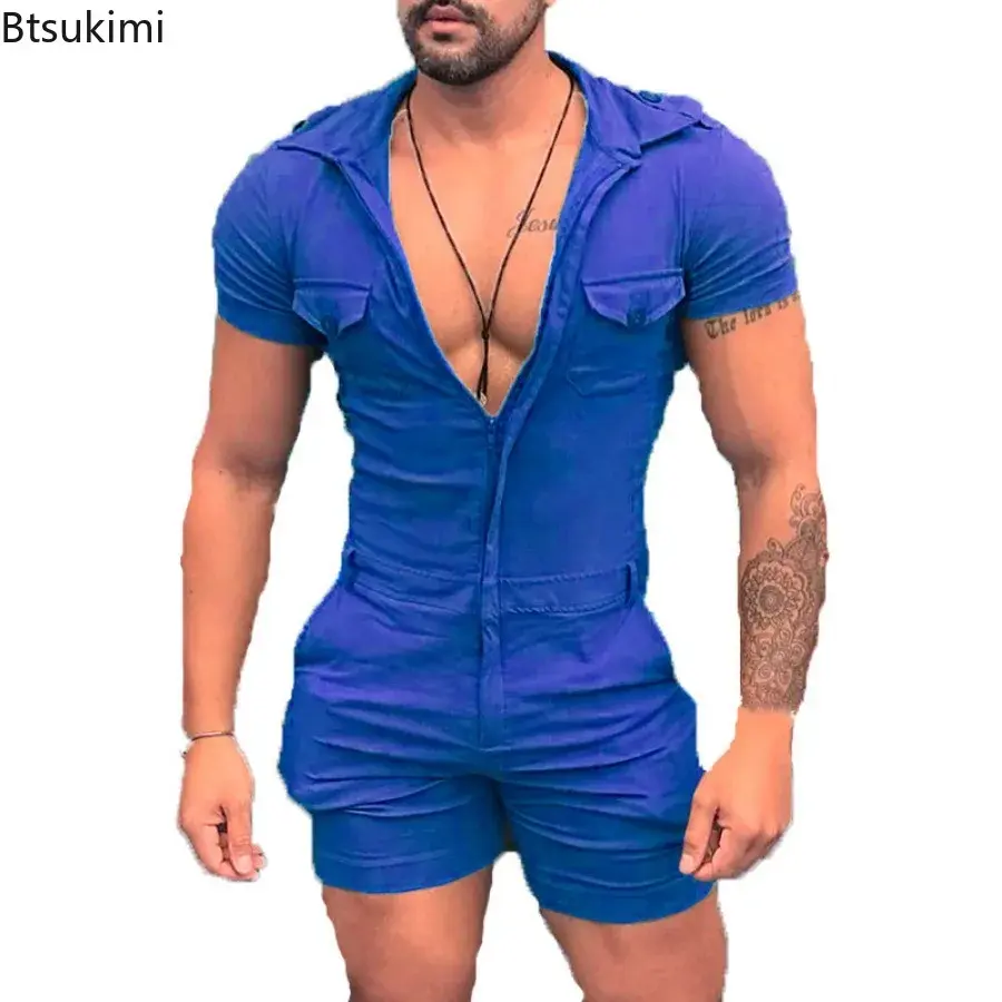 2025 Men's Summer Solid Short Sleeve Jumpsuits Fashion Slim Sexy One-piece Shorts Vintage Lapel Zip Rompers Men Street Playsuits