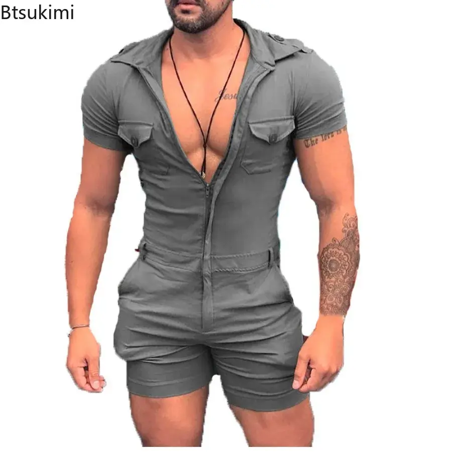 2025 Men's Summer Solid Short Sleeve Jumpsuits Fashion Slim Sexy One-piece Shorts Vintage Lapel Zip Rompers Men Street Playsuits