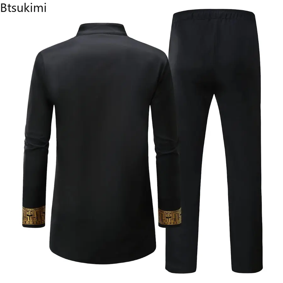 2025 Men's Fashion Ethnic Printed Two Pieces Pant Sets Mid-length Stand Collar Shirt+Pants African Traditional Clothes Male Sets