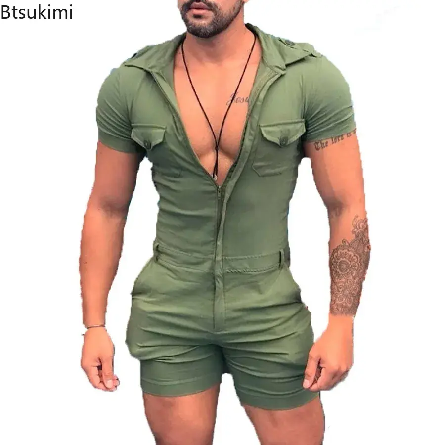 2025 Men's Summer Solid Short Sleeve Jumpsuits Fashion Slim Sexy One-piece Shorts Vintage Lapel Zip Rompers Men Street Playsuits