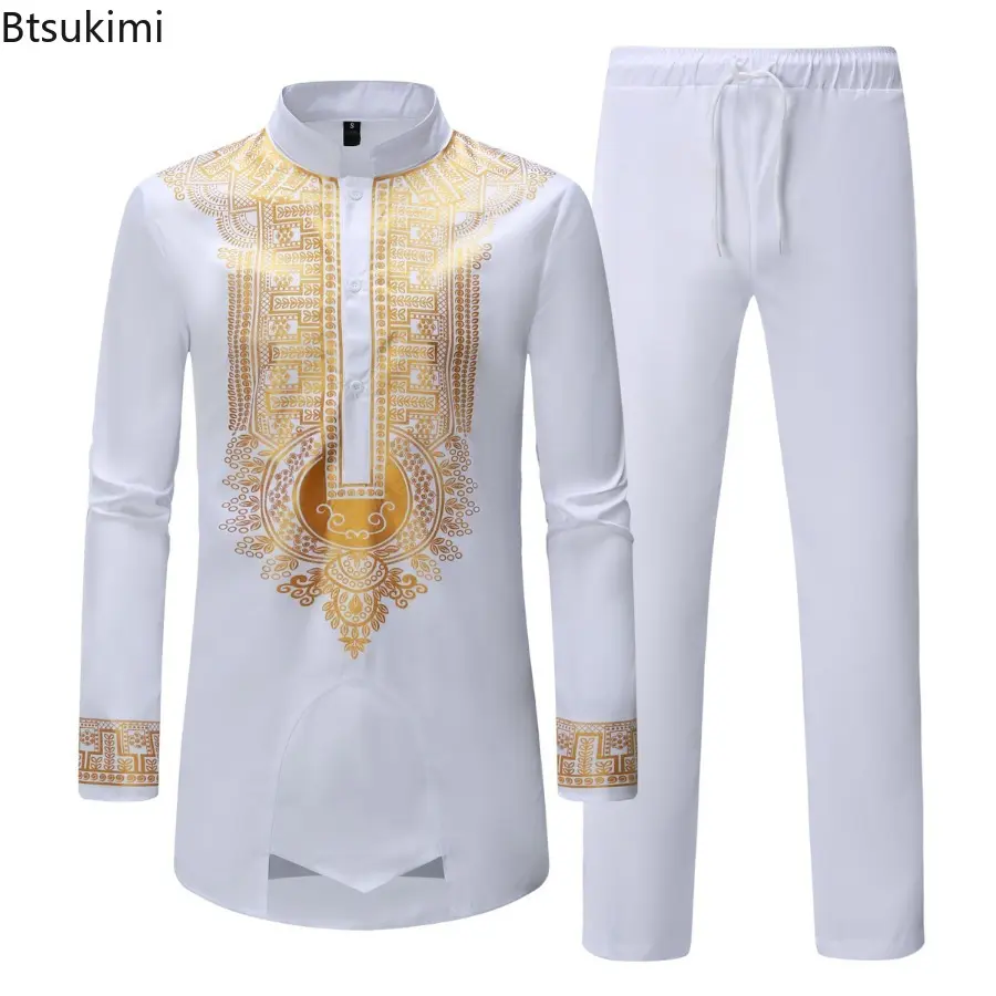 2025 Men's Fashion Ethnic Printed Two Pieces Pant Sets Mid-length Stand Collar Shirt+Pants African Traditional Clothes Male Sets