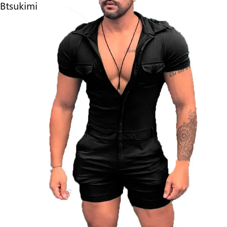 2025 Men's Summer Solid Short Sleeve Jumpsuits Fashion Slim Sexy One-piece Shorts Vintage Lapel Zip Rompers Men Street Playsuits