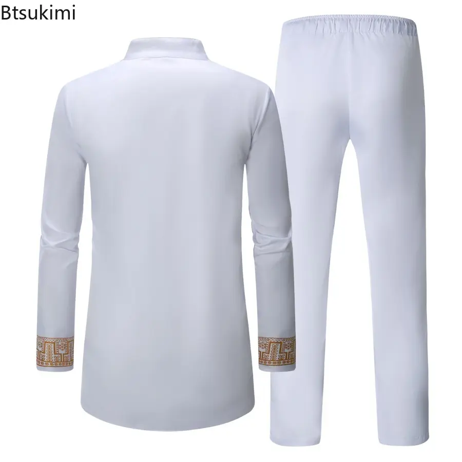 2025 Men's Fashion Ethnic Printed Two Pieces Pant Sets Mid-length Stand Collar Shirt+Pants African Traditional Clothes Male Sets