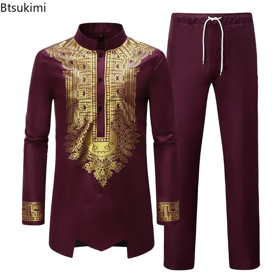 2025 Men's Fashion Ethnic Printed Two Pieces Pant Sets Mid-length Stand Collar Shirt+Pants African Traditional Clothes Male Sets